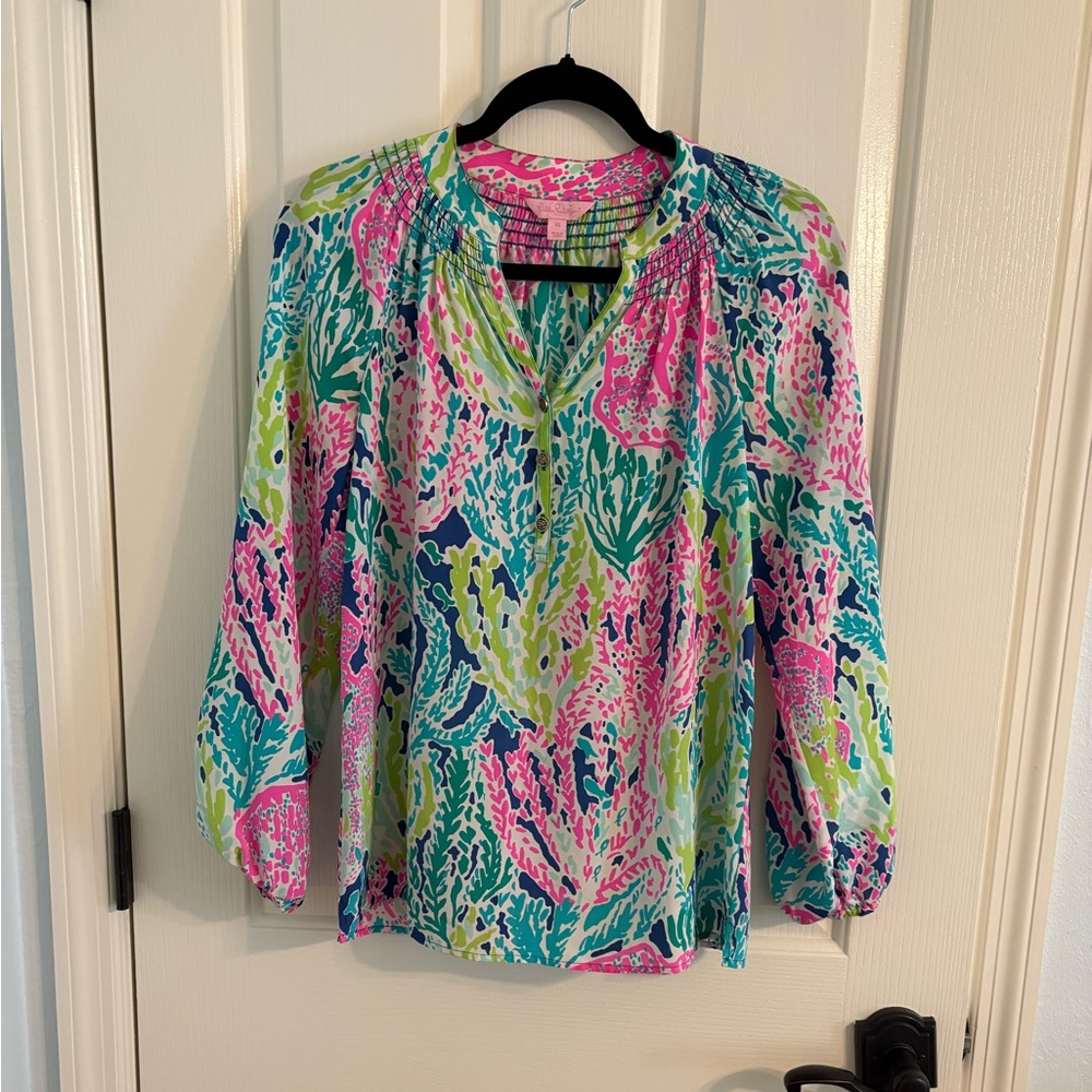 Lilly Pulitzer Elsa Silk Top Indigo Let's Cha Cha Cha Size  XS